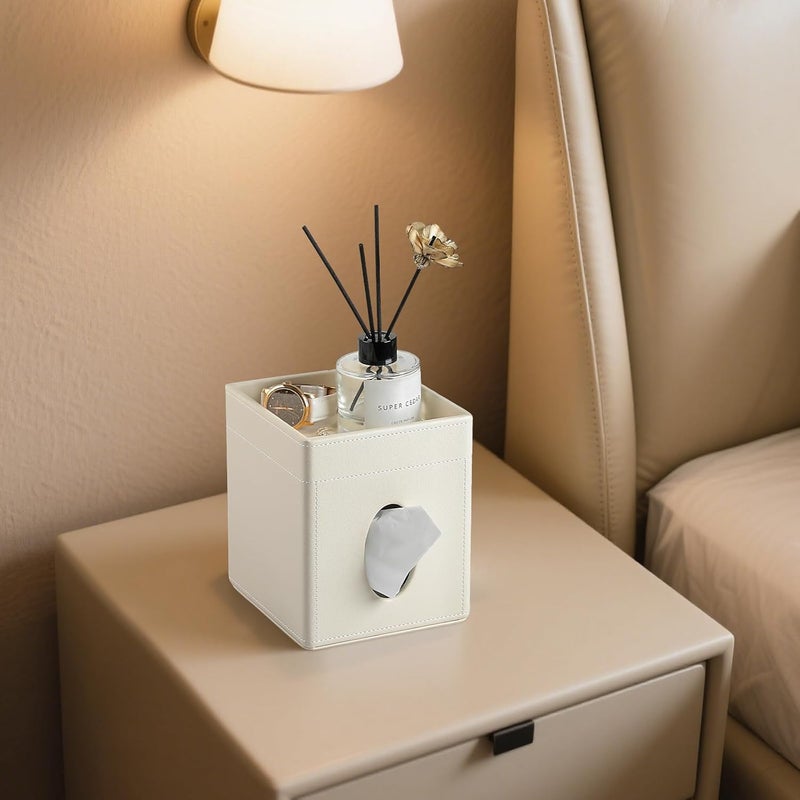 Cretkhp Tissue Box Cover, PU Leather Square Tissue Box Holder with Storage Tray for Bathroom Vanity Countertop Night Stands Bedroom Office Desk, Stylish Tissue Holder Decorative Organizer (Cream) - Image 5